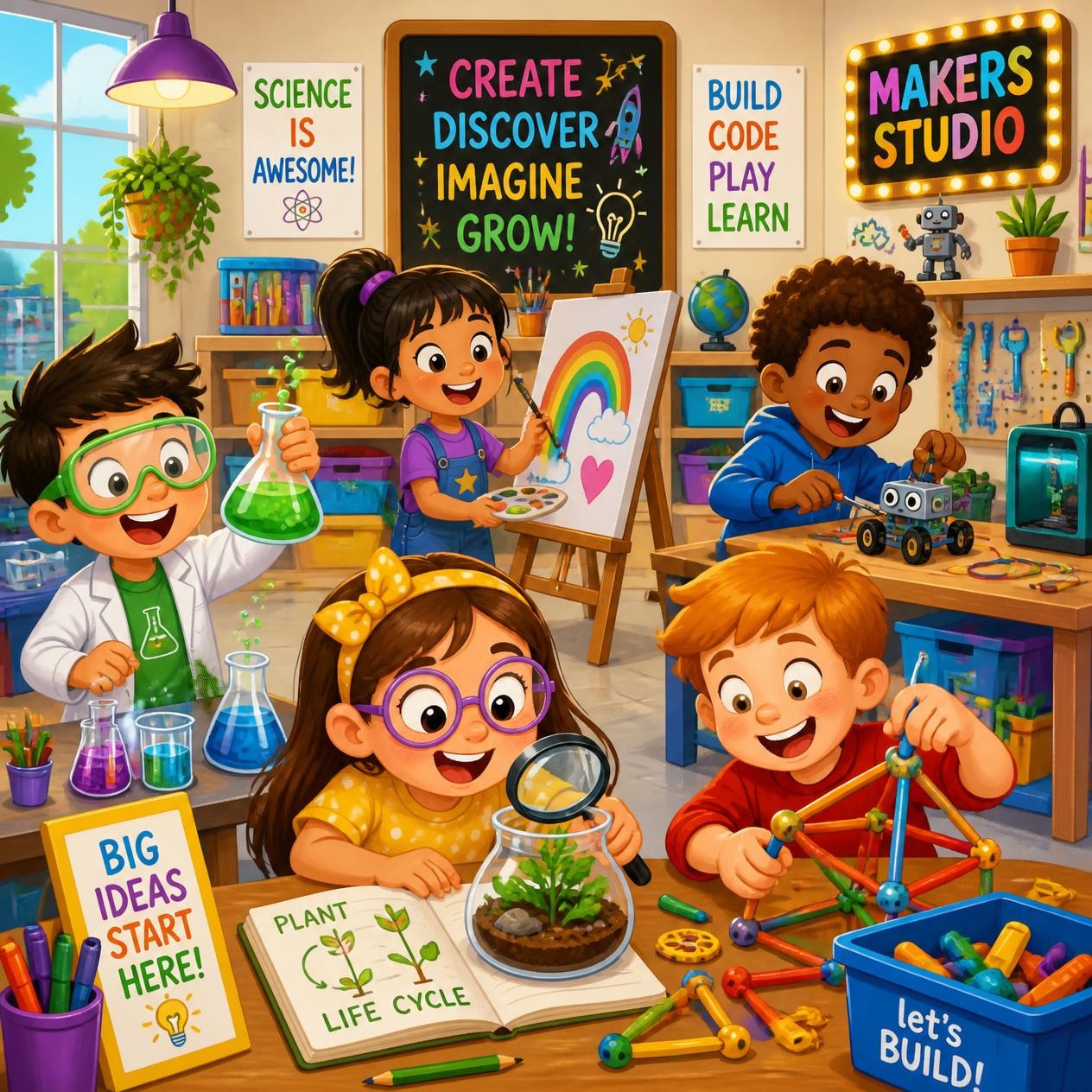 Kids doing science experiments, building robots, and painting at Happy Makers Studio