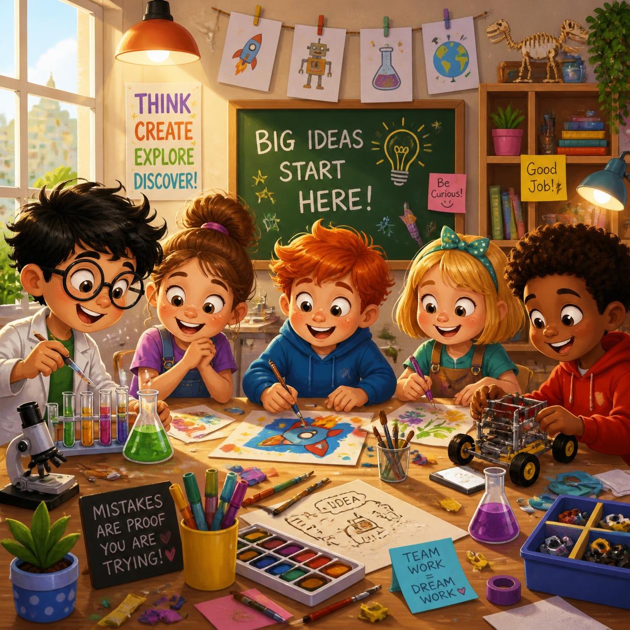 Sabrina with a group of kids building and painting together