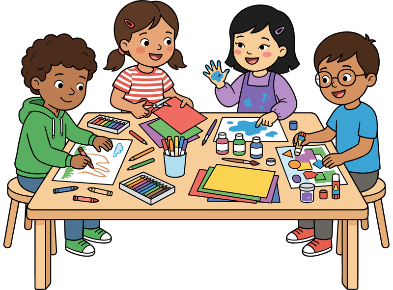 Four kids painting and making crafts around a table