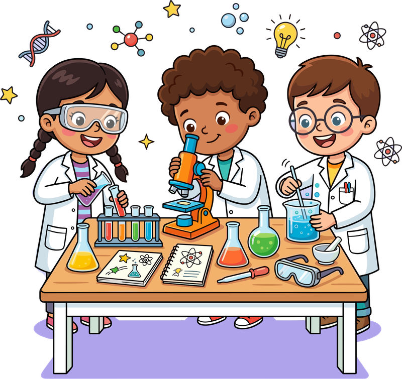 Three kids in lab coats doing science experiments with a microscope and beakers