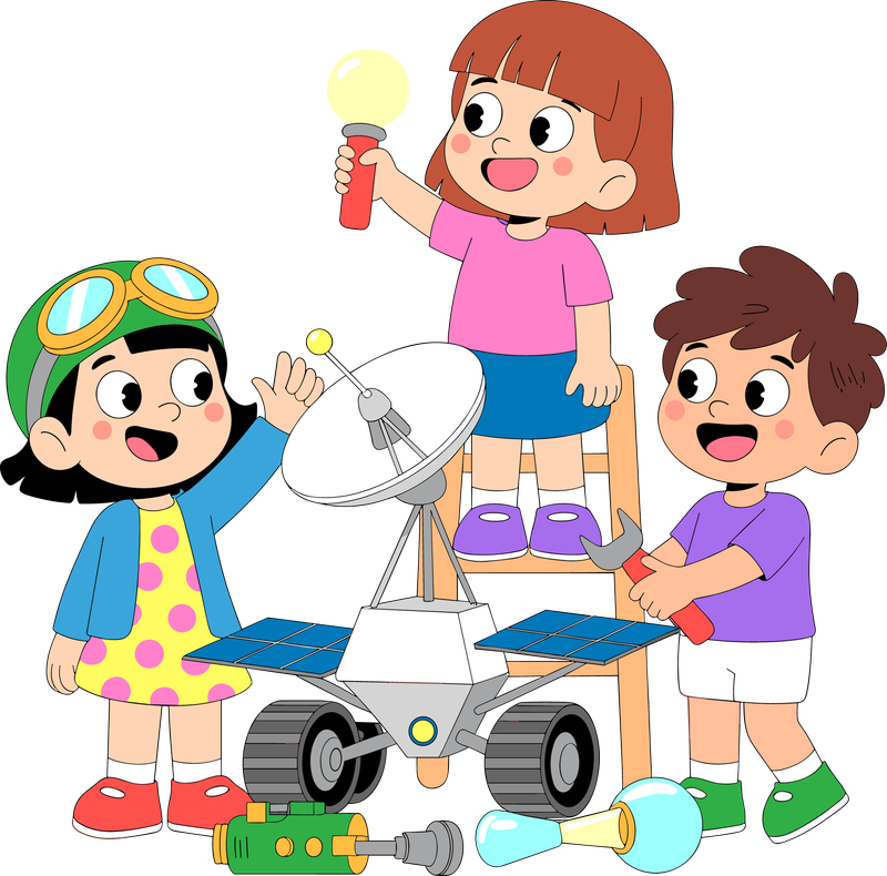 Three kids building a solar-powered rover model